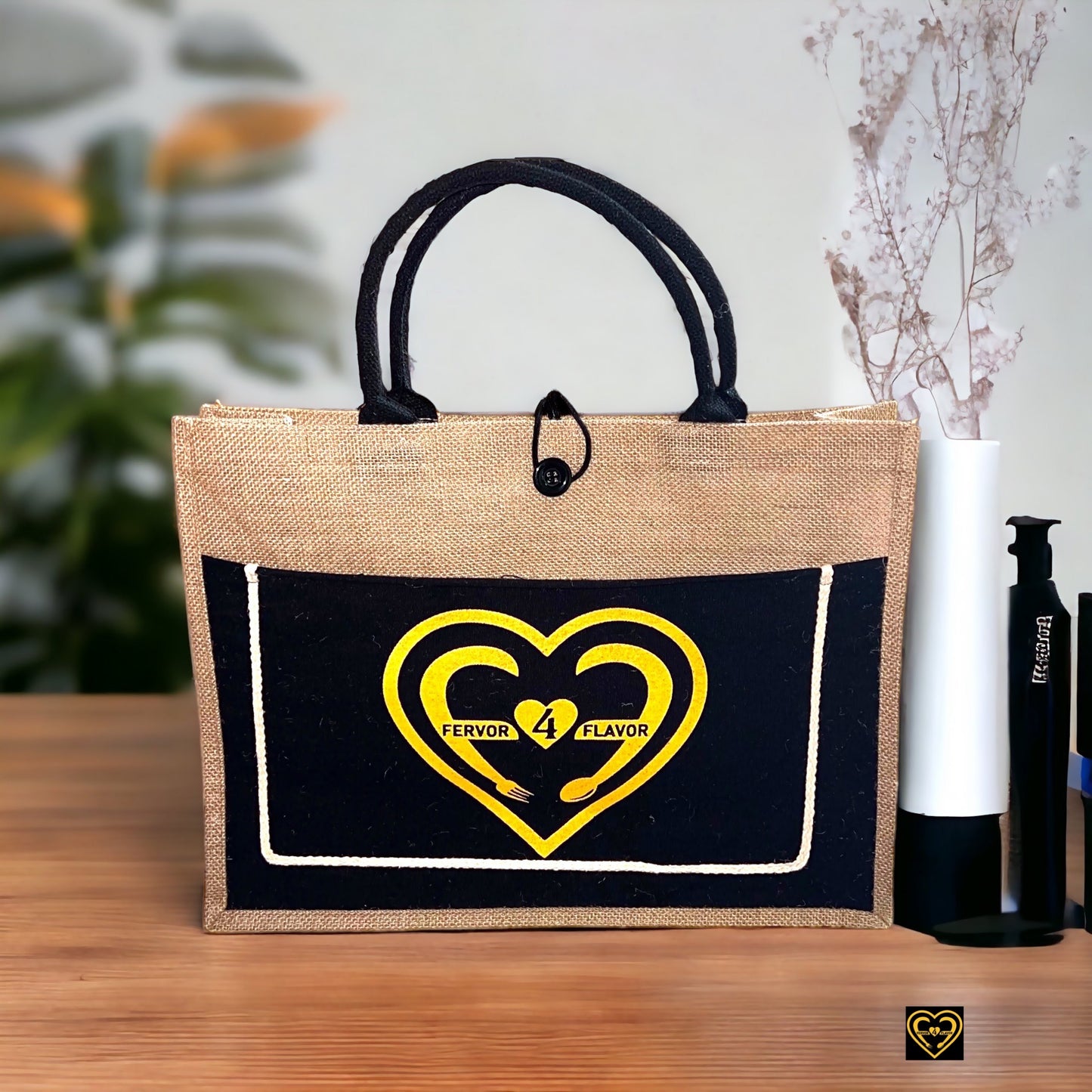 Fervor4Flavor Jute Tote Bag With Canvas Pocket - Your Stylish Companion for Any Occasion.