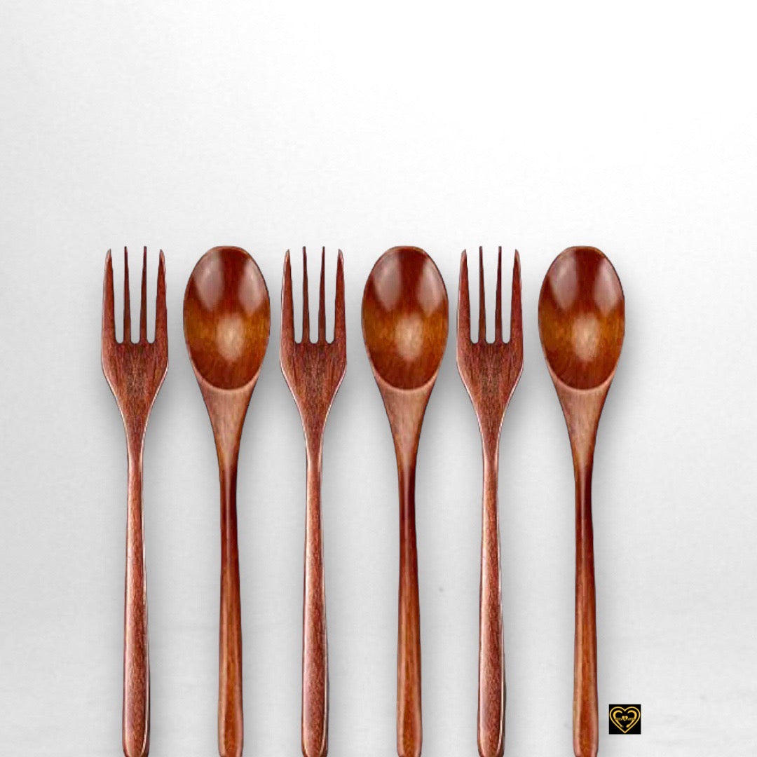Eco-Friendly 6-Piece Nanmu Wooden Spoons and Forks for Eating - Embrace Sustainable Dining