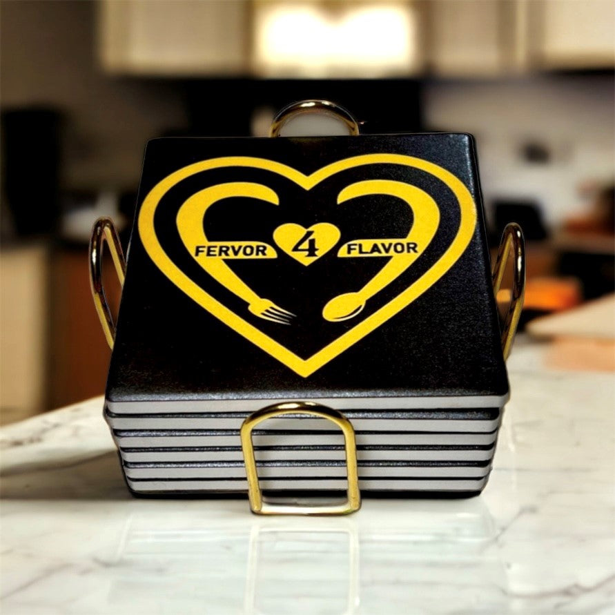 6 Set Ceramic Coasters With Metal Holders