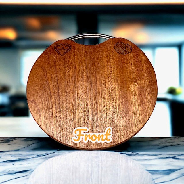 Fervor4Flavor's Ebony Wood Round Cutting Board with Stainless Steel Handle: Stylishly versatile. Perfect for cheeses, meats, crackers, and wine.