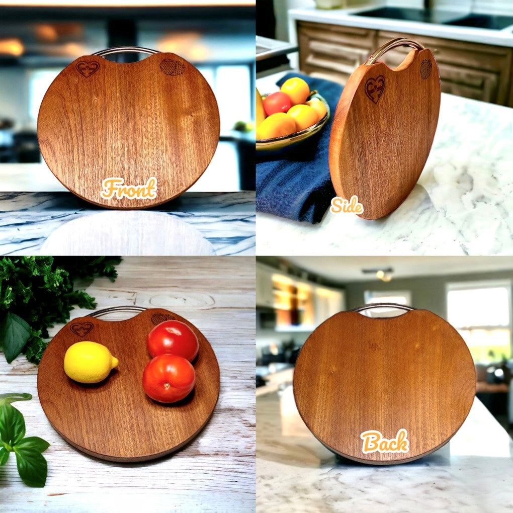 Fervor4Flavor's Ebony Wood Round Cutting Board with Stainless Steel Handle: Stylishly versatile. Perfect for cheeses, meats, crackers, and wine.