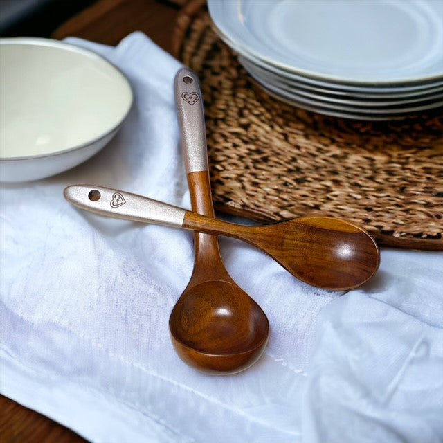 Fervor4Flavor's Teak Wood Utensils, a Durable and Eco-Friendly Set. Complete with Vibrant Logo Accents and a Stylish Cotton Canvas Bag.