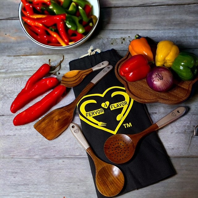 Fervor4Flavor's Teak Wood Utensils, a Durable and Eco-Friendly Set. Complete with Vibrant Logo Accents and a Stylish Cotton Canvas Bag.