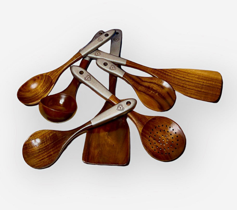 Fervor4Flavor's Teak Wood Utensils, a Durable and Eco-Friendly Set. Complete with Vibrant Logo Accents and a Stylish Cotton Canvas Bag.