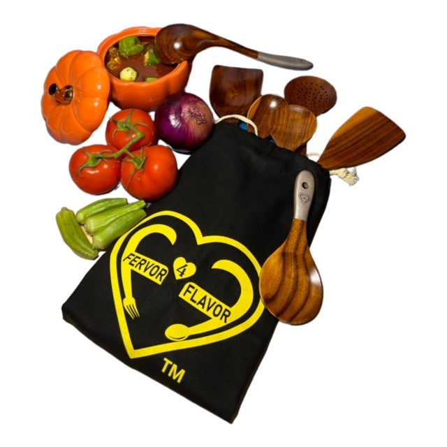 Fervor4Flavor's Teak Wood Utensils, a Durable and Eco-Friendly Set. Complete with Vibrant Logo Accents and a Stylish Cotton Canvas Bag.
