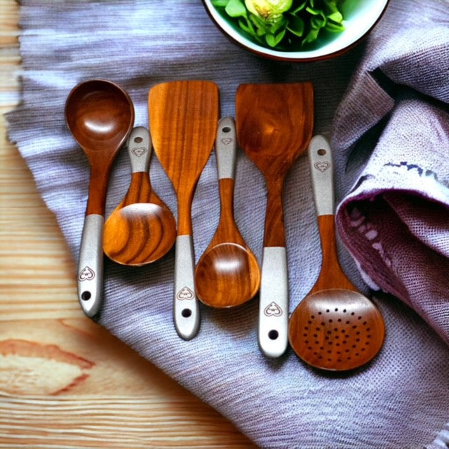 Fervor4Flavor's Teak Wood Utensils, a Durable and Eco-Friendly Set. Complete with Vibrant Logo Accents and a Stylish Cotton Canvas Bag.
