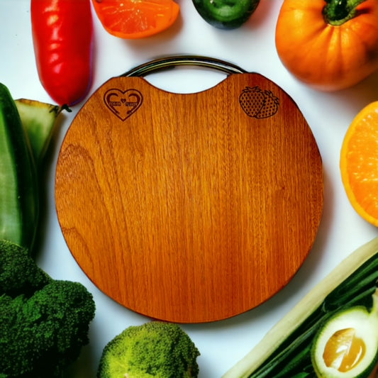Fervor4Flavor's Ebony Wood Round Cutting Board with Stainless Steel Handle: Stylishly versatile. Perfect for cheeses, meats, crackers, and wine.