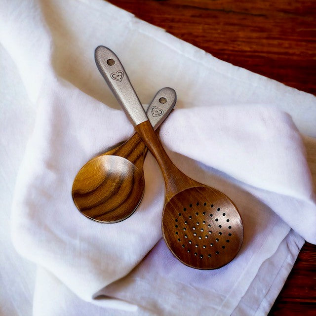 Fervor4Flavor's Teak Wood Utensils, a Durable and Eco-Friendly Set. Complete with Vibrant Logo Accents and a Stylish Cotton Canvas Bag.